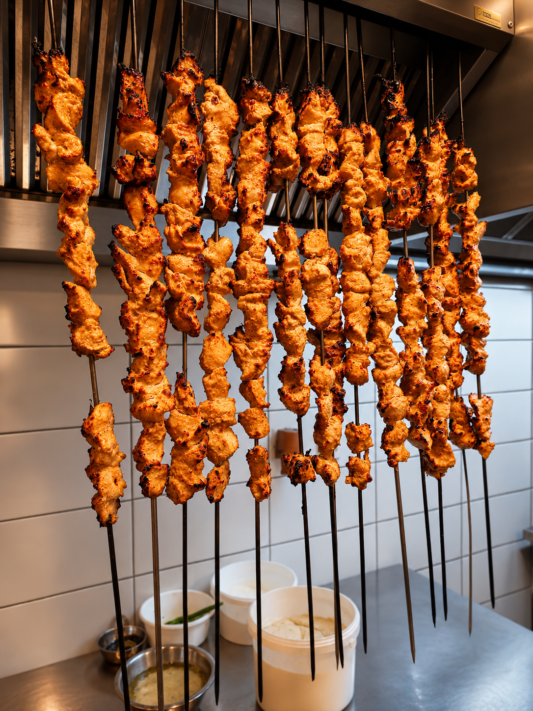 Tandoori kuřecí špízy v kuchyni restaurace Sargam